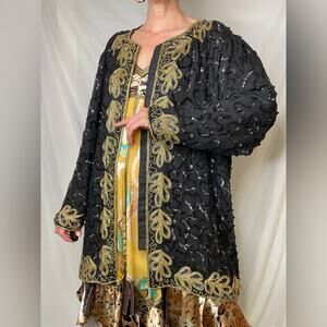 Vintage‎ silk sequin beaded evening jacket embroidered black gold plus size 2X